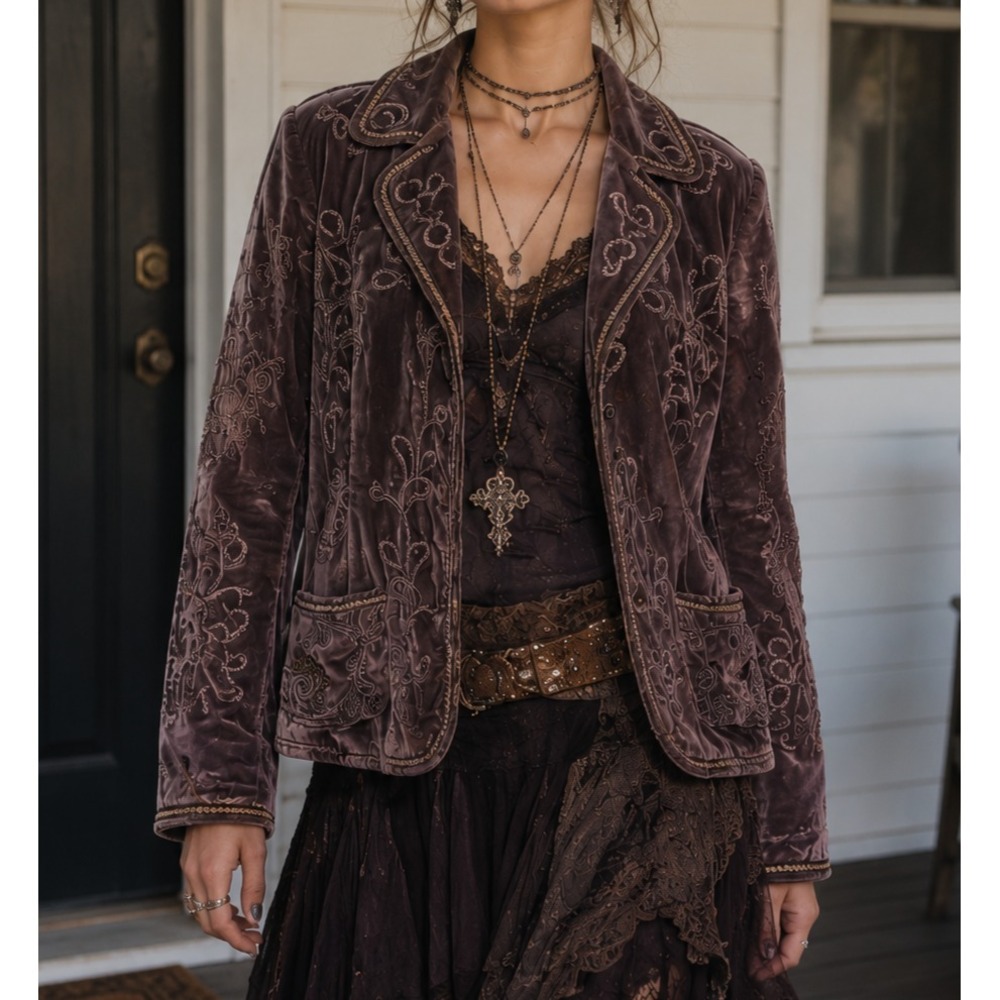 Vintage Laura Ashley Velvet‎ Jacket M Embroidered Boho Y2K Whimsigoth